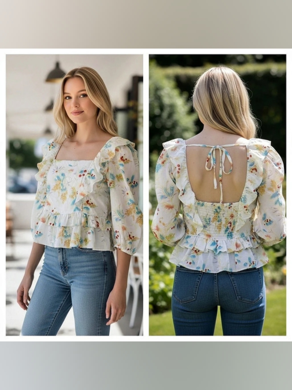 Peter Som Collection blouse Floral Puff Sleeve Blouse White Size 12